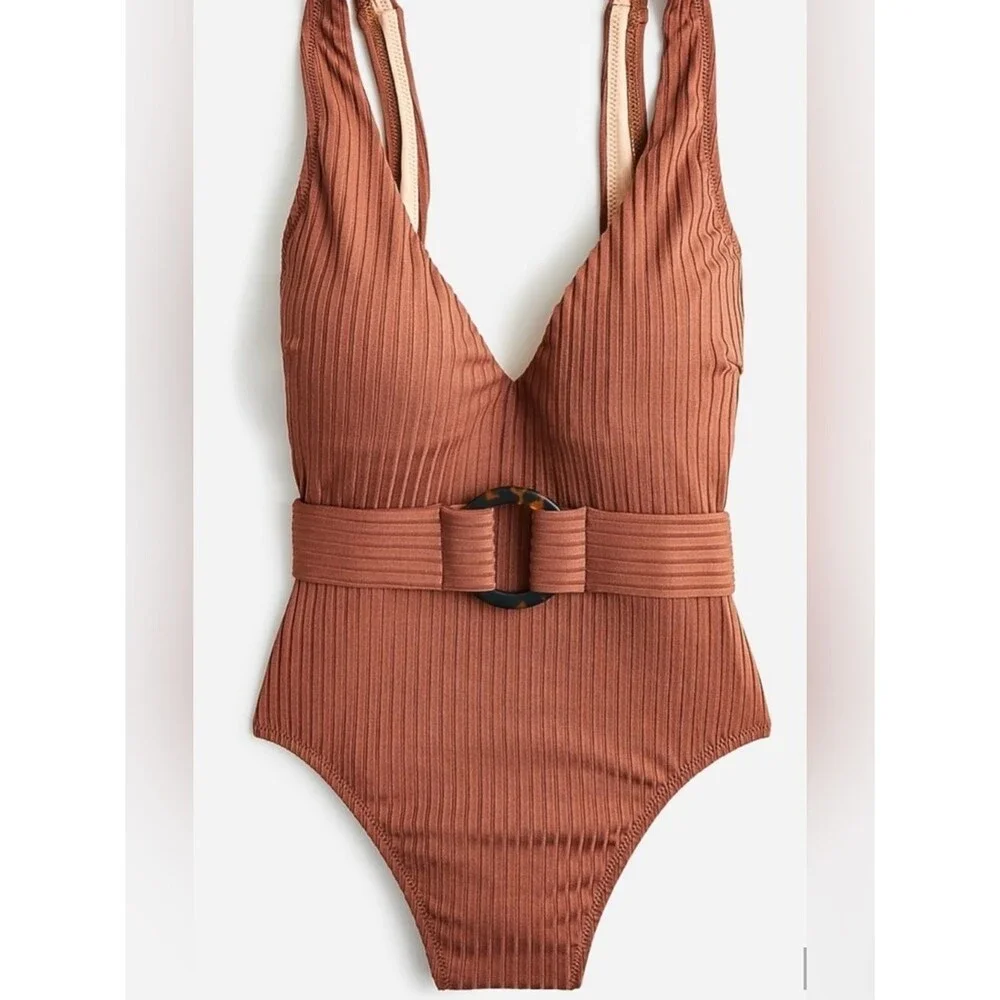 J.Crew NEW Wide Rib Belted One Piece Swimsuit Brown US 8 V Neck Beach Resortwear